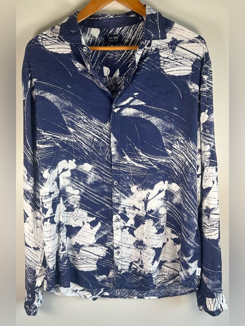 Armani Jeans Men’s Button Down Shirt Sz XL Slim 100% Viscose Abstract Paintbrush